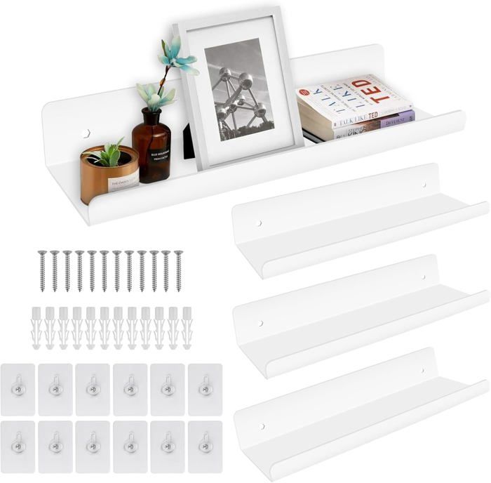 Lot De 3 Etagere Murale En Plastique, étagère Flottante Murale Sans Perçage, Etagere Murale Blanche Pour Stocker Des Photos, Des Jouets et Des Livres Pour Salon, Bureau, Salle De Bain, Cuisine