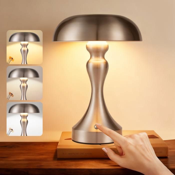 NETTLIFE Lampe de bureau à LED - Forme champignon couleur nickel sablé batterie rechargeable variateur tactile