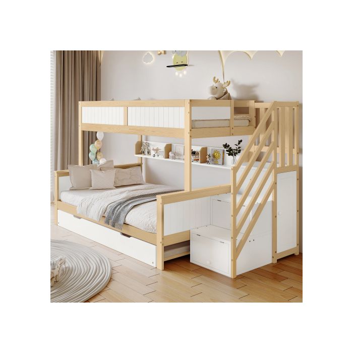 Lit superposé - MUVOE - Blanc + Naturel - 90x200 cm - Bois massif - 2/3 places