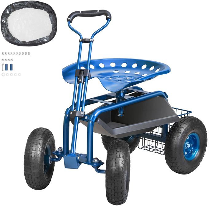 Hislaves Chariot Jardin Roulant Avec Siège Pivotant 360° – Hauteur Réglable, 3 Roues, Tabouret Jardinage + Panier Outils, Charge 150 Kg