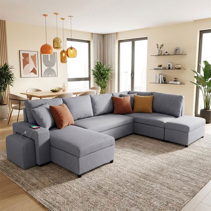VEGA Canapé dangle panoramique convertible GRIS (tissu texturé) - Taille XL - 6 places - 326 x 157 x 83
