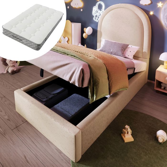 Lit Simple Enfant 90x200 cm - Structure Rembourrée Cuir PU Motif Cosme Beige - Fille et Garçon - Avec Matelas Lit Simple Enfant 90x200 cm - Structure Rembourrée Cuir PU Motif Cosme Beige - Fille et Garçon - Avec Matelas
