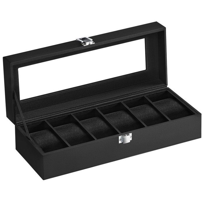 Boîte à Montres 6 Compartiments - Vitre En Verre, Intérieur Velours, Style Chêne Noir, Neuf