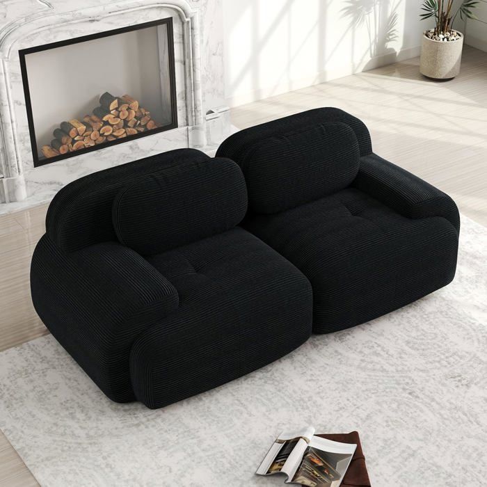 Canapé 2 places en Velours côtelé Canapé combinable avec accoudoirs incurvés et dessous antidérapant pour salon et chambre Noir