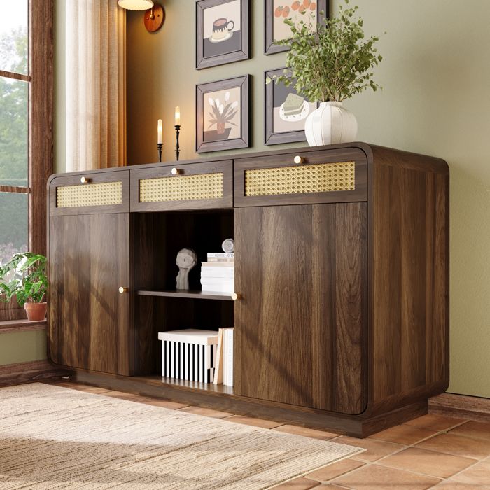 Buffet aspect noyer 120x40x85cm - 2 portes et 3 tiroirs en rotin - Compartiments ouverts - Noyer