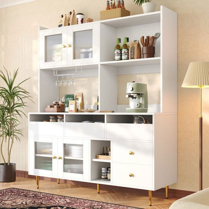 Buffet Cuisine Haut Blanc - Merax - Vaisselier - Meuble de Salle à Manger - Tiroirs - Étagères - Porte-bouteilles - 145x39x171cm Buffet Cuisine Haut Blanc - Merax - Vaisselier - Meuble de Salle à Manger - Tiroirs - Étagères - Porte-bouteilles - 145x39x171cm