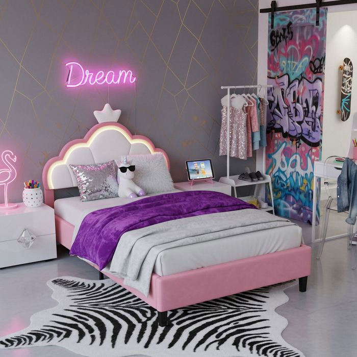 Lit enfant/adolescent 140x200cm - Structure du lit - Lit capitonné avec LED - Lit double hauteur réglable - Velours Rose