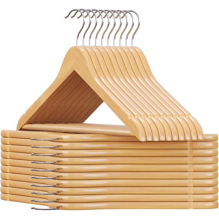 20 cintres bois antiglisse avec barre pantalons. Crochet pivotant 360° pour costumes et manteaux. Coloris bois/argent.