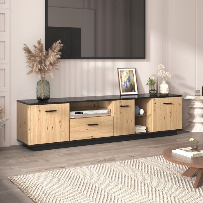 Meuble TV Lowboard 180x35x40 cm - Commode Multifonction 3 Portes 2 Compartiments Ouverts 1 Tiroir - Vitrine Éclairage LED Intégré Meuble TV Lowboard 180x35x40 cm - Commode Multifonction 3 Portes 2 Compartiments Ouverts 1 Tiroir - Vitrine Éclairage LED Intégré