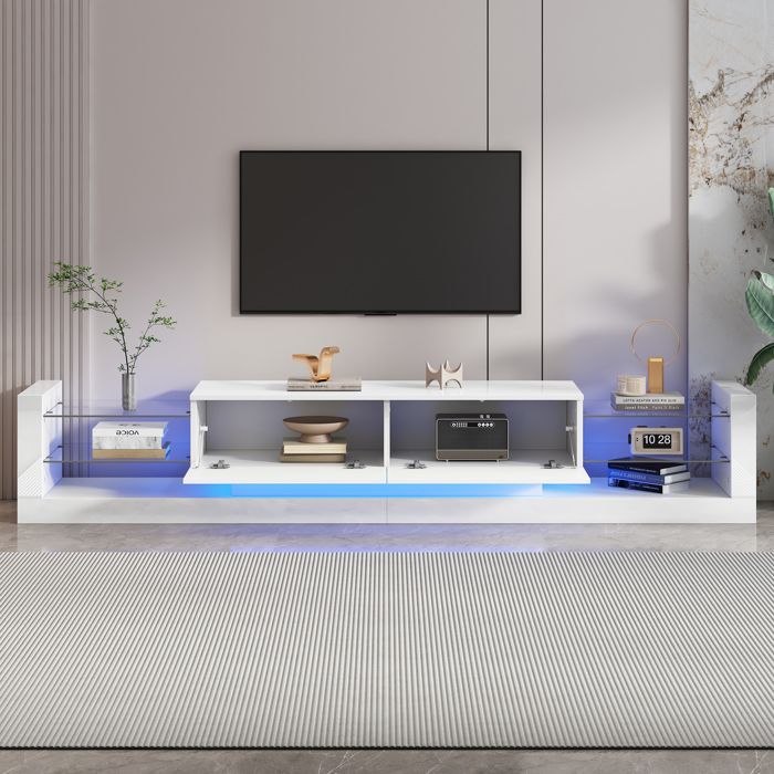 Meuble TV Brillant de 180 cm avec Eclairage LED à Couleurs Changeantes Tiroirs Rabattables et Portes Vitrées Noir