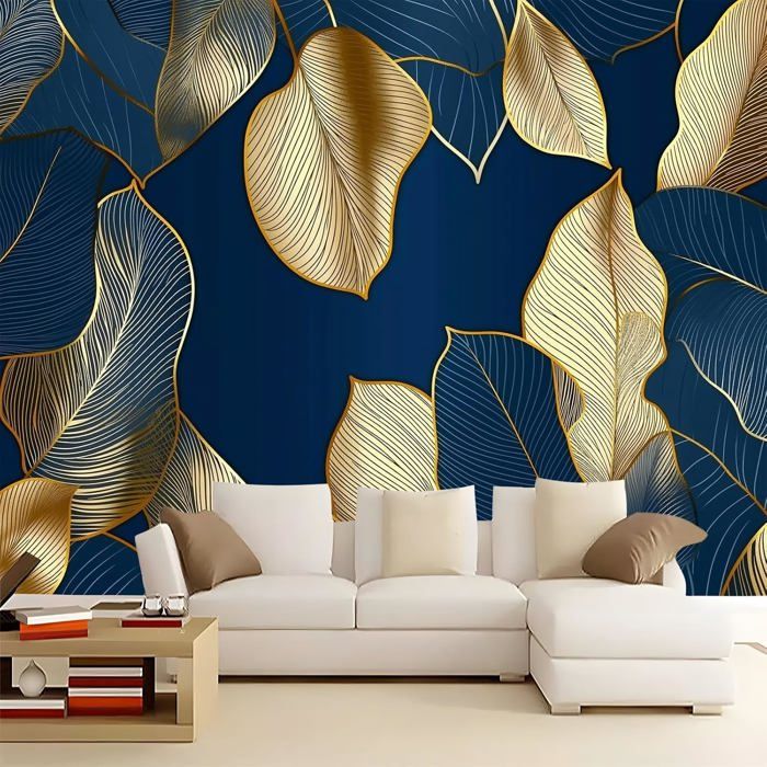 Bleu Papier Peint 3D Feuilles Tropicales Lignes Dorées Panoramique ...