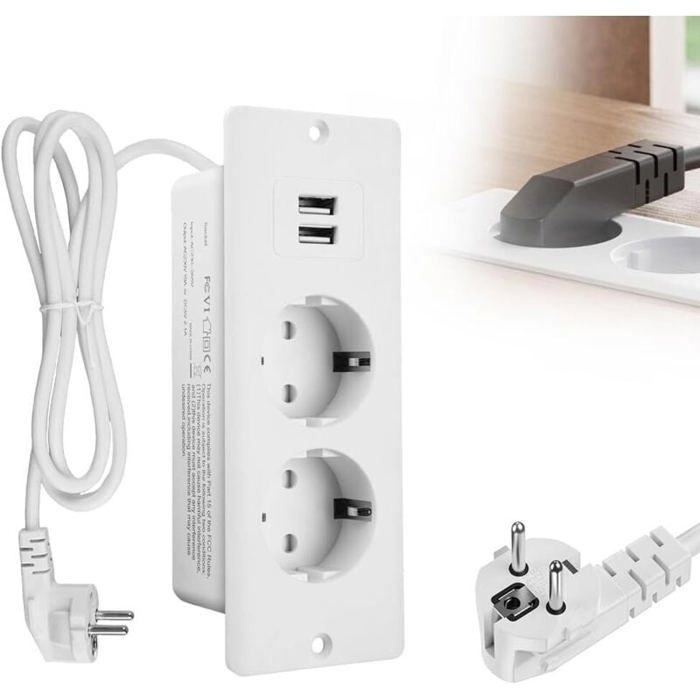 DRE-Prise Encastrable avec Interrupteur et 2 Ports USB Type-C PD20W Câble 1 7m Multiprise Intégrée pour Bureau et Meuble