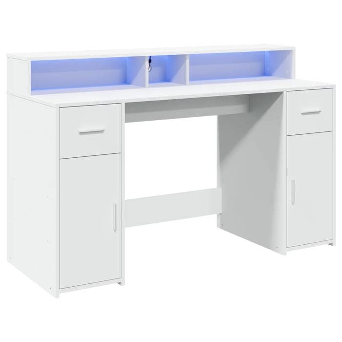 Bureau avec lumières LED - CLARENCE - Blanc - 140x55x91 cm - Bois dingénierie - Capacité de charge 90 kg