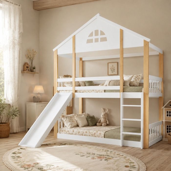 Maisentiel Lit superposé enfant cabane 90 x 200 cm avec toboggan échelle 3 marches blanc et naturel