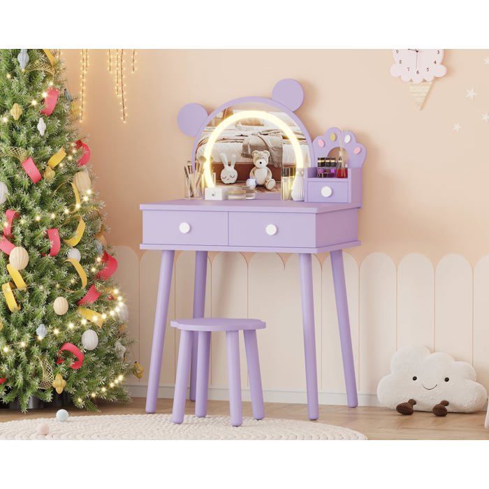 Coiffeuse Enfant Forme dOurs avec Miroir LED–Table de Maquillage Princesse en Bois avec Tiroirs Tabouret Fleur Sécurisée–Violet