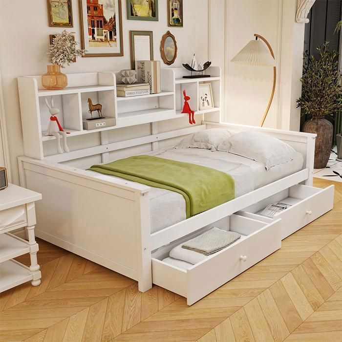 Lit banquette enfant 90x200cm canapé-lit en bois massif tiroirs et étagères sommier à lattes blanc