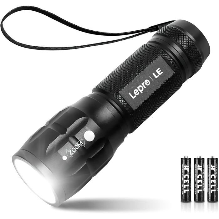 Lampe Torche L8000 Puissante Lampe de Poche Zoomable Étanche IPX4 3 AAA Piles Compris LED Militaire en Aluminium