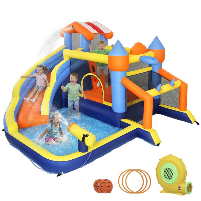 Château gonflable - AIYAPLAY - 8 en 1 - toboggan trampoline piscine et souffleur - tissu oxford - 350 x 325 x 210 cm - multicolore