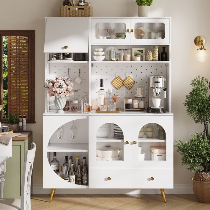 Buffet de Cuisine - Armoire Haute pour Cuisine 120 x 40 x 176 cm avec LED Prises et USB 2 Tiroirs Étagères en Verre - Blanc