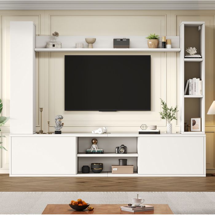Ensemble mural TV blanc avec meuble TV deux colonnes et étagère murale