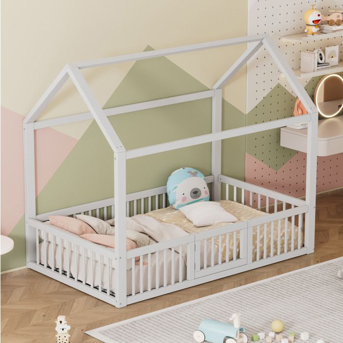 Lit cabane enfant blanc 90 x 200 avec barrière de sécurité et porte sans matelas
