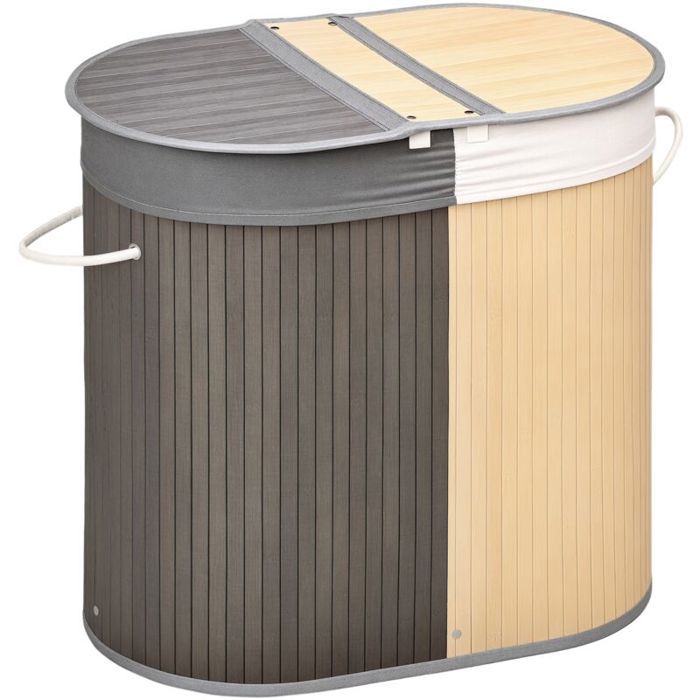 Panier à linge en bambou 100L avec 2 sections couvercle et sac amovible 625 x 37 x 605 cm - gris