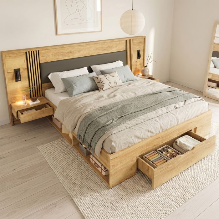 Lit double - Lit double adulte 160x200 - Coffre 5 rangements - Chevets intégrés - Lampe lecture 360°