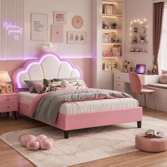 Lit double LED 140x190 cm lit capitonné avec tête de lit réglable lit 140x190 avec sommier à lattes lit ados PU Blanc