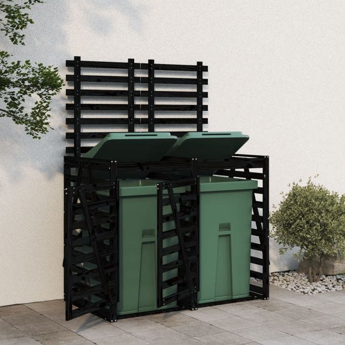Noir Cache-conteneur à déchets - Abri pour poubelle double sur roulettes noir bois massif de pin C30715