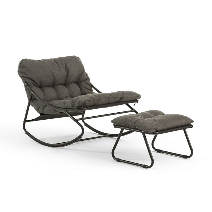 Fauteuil à bascule avec repose-pieds en acier et coussins rembourrés amovibles pour salon terrasse véranda Adelaide - gris