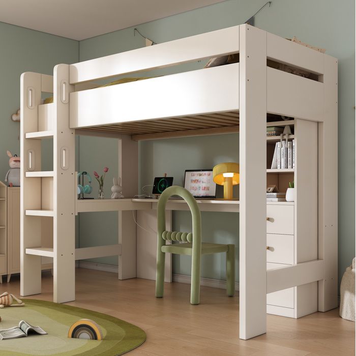 lit superposé enfant 90 x 200 cm - bureau en L - chargement USB/Type-C - Blanc