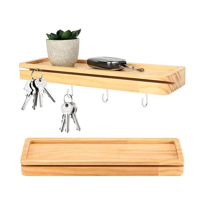 Porte Clef Mural Bois Porte Clé Mural en Bois avec étagère Boîte à Clés Murale Boite a Cles avec 4 Crochets pour Entr PORTE-MANTEAU