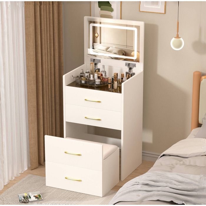 Coiffeuse avec miroir rabattable plateau en verre 3 tiroirs et tabouret de rangement pour chambre MDF blanc 60 × 40 × 118 cm