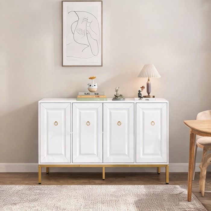 Buffet bas blanc brillant 140x40x80 cm avec portes et poignées dorées pour salon
