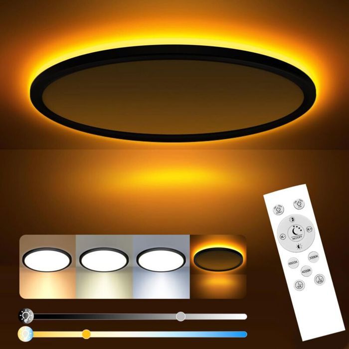 Plafonnier LED Dimmable Lampe de Plafond 24W 2800LM avec Télécommande 1800K Veilleuse de Couleur Chaude 3000K-6500K Luminaire Plafon