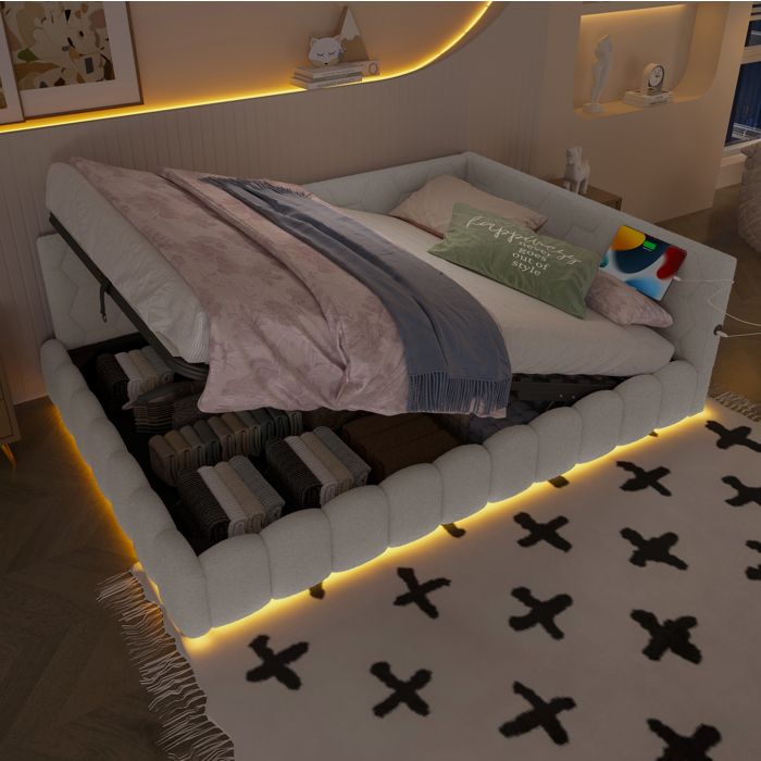 Lit coffre banquette-lit 140x200 cm - blanc sommier a lattes relevable hydraulique LED USB et Type-C