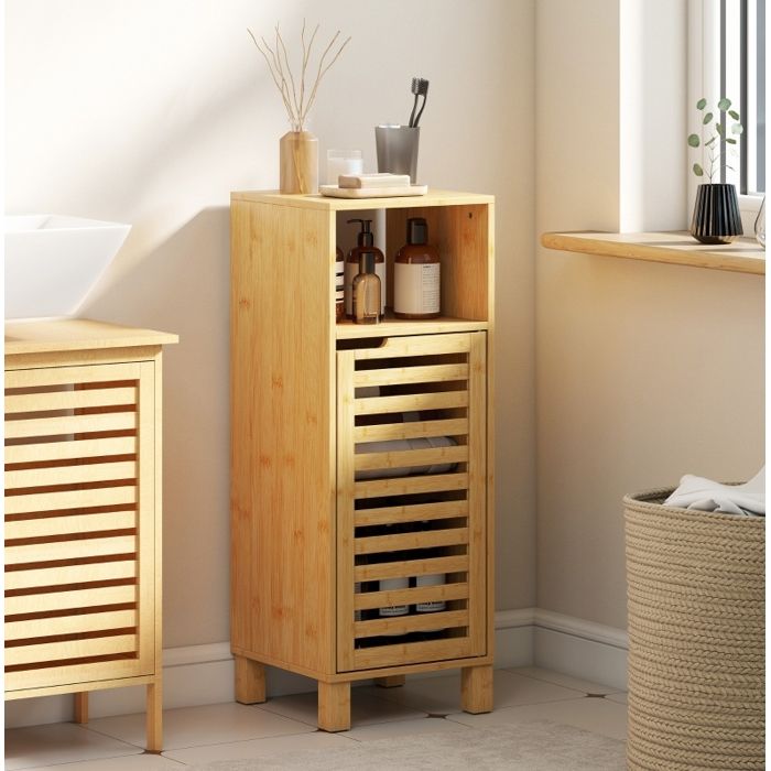 Colonne de salle de bain bambou avec rangement ouvert et porte à lamelles compacte 30 x 30 x 80 cm ORVRYN