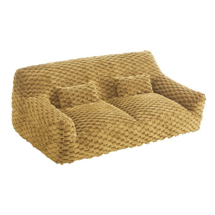 Canapé 2 places compressé avec couverture et coussins en laine jaune