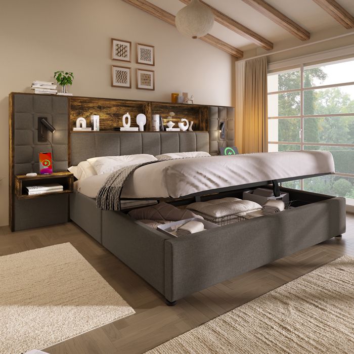 Lit Coffre 180x200 Gris avec Rangement 2 Liseuses 2 chevets intégrés USB Type-C sommier à lattes sans matelas