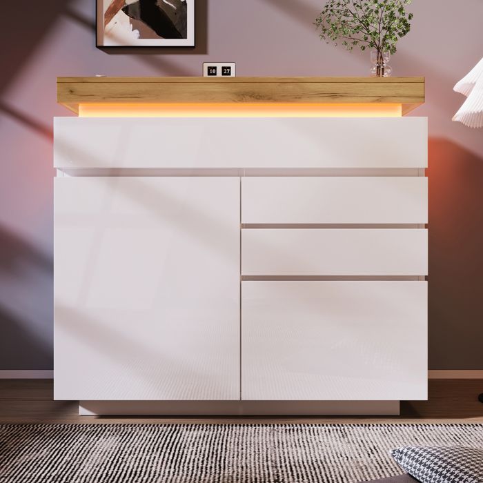 Sideboard Buffet Brillant Commode avec 2 Portes et 3 tiroirs éclairage LED Meuble pour Salon et Chambre à Coucher 115x110x39cm