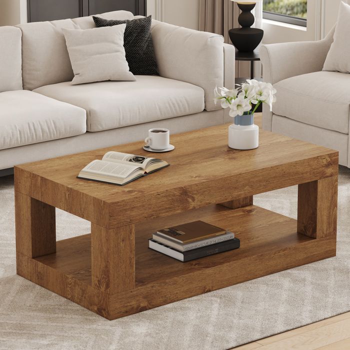 Table basse rectangulaire 2 niveaux avec étagère ouverte meuble de salon en MDF aspect bois style industriel ORVRYN