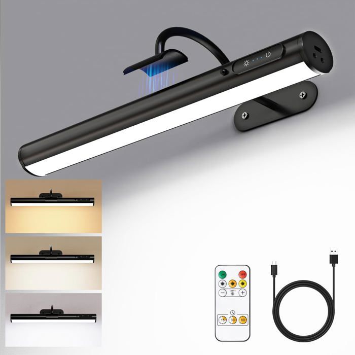 Lampe murale LED sans fil - batterie rechargeable 4000 mAh USB-C - télécommande magnétique rotatif 360° aluminium noir