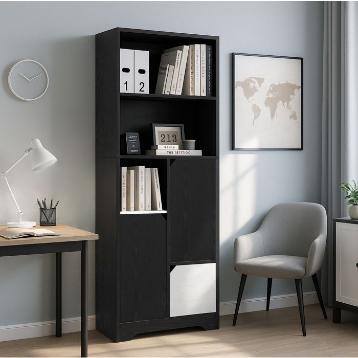 Bibliotheque avec 2 etageres ouvertes 1 porte et 1 tiroir - pour chambre et salon - 60×35×160 cm - noir et blanc