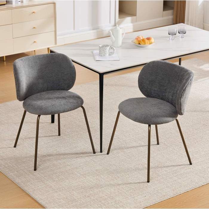Chaise de Salle a Manger Lot de 2 avec Dossier Courbe et Assise Rembourree - BEAUNIV - Pieds en Metal Bronze Chenille Gris