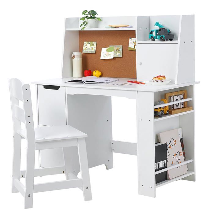 Ensemble bureau chaise enfants blanc table étude étagère 3-8 ans