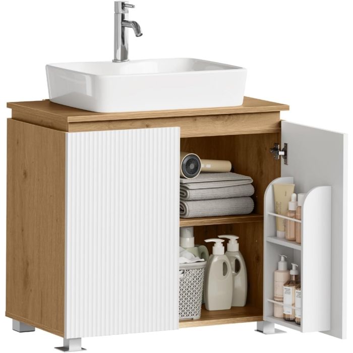 Meuble sous lavabo de salle de bain - EUGAD - 70x40x65cm - Blanc et chêne - 2 portes - Étagère réglable