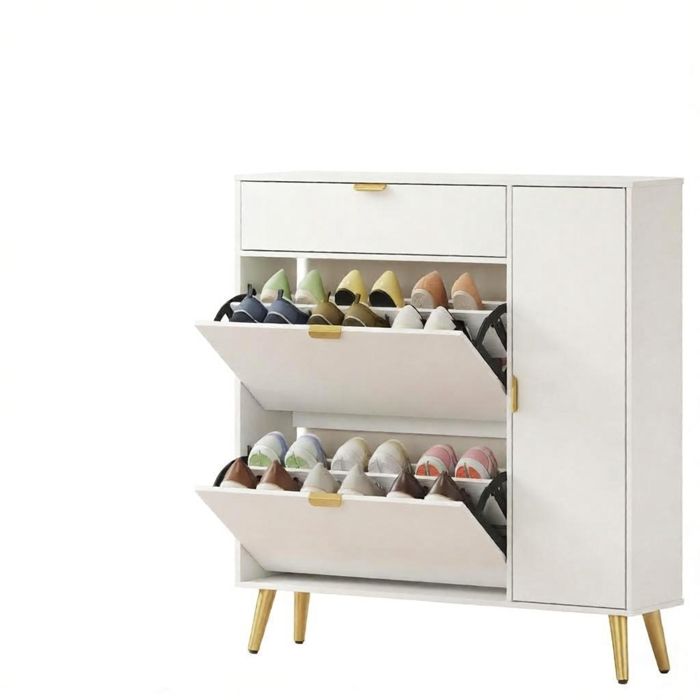 Meuble à Chaussures 12 Paires 2 Tiroirs 99 4x23 8x106 6cm Blanc Armoire à Chaussures Étroite-4 Compartiments-Étagères Réglables