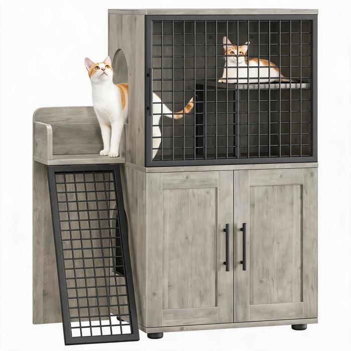 Armoire cache bac à litière 2 étages pour chat – Design moderne avec plateforme et échelle – Convient bac 56x43cm – Gris