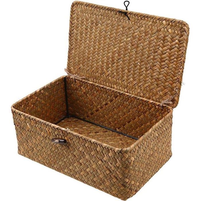 Panier de rangement en rotin tressé avec couvercle – Dimensions 29x19x12cm – Matériau jonc de mer sur cadre métallique