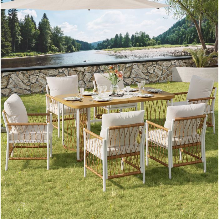 Table repas de jardin rectangulaire 6 places avec 6 chaises coussins et métal blanc aspect bois VEVXYN